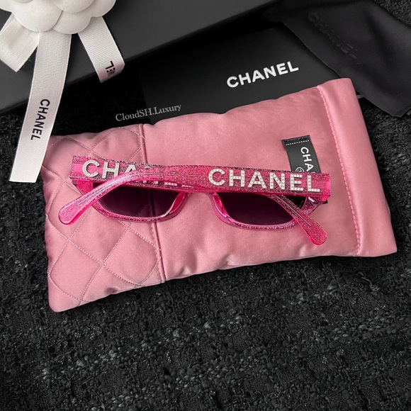 Auth NIB Chanel 71280 Crystal Logo Pink Glitter Rectangle Sunglasses - Picture 4 of 11